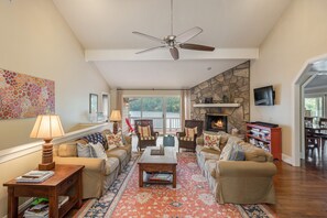 Télévision à écran plat, cheminée, lecteur de DVD, chaîne hi-fi