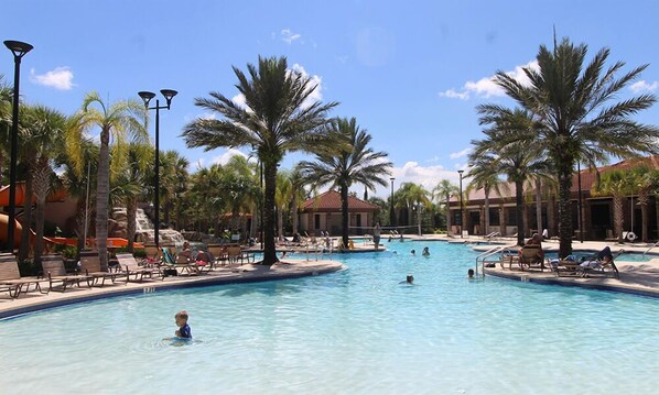 A heated pool, pool loungers