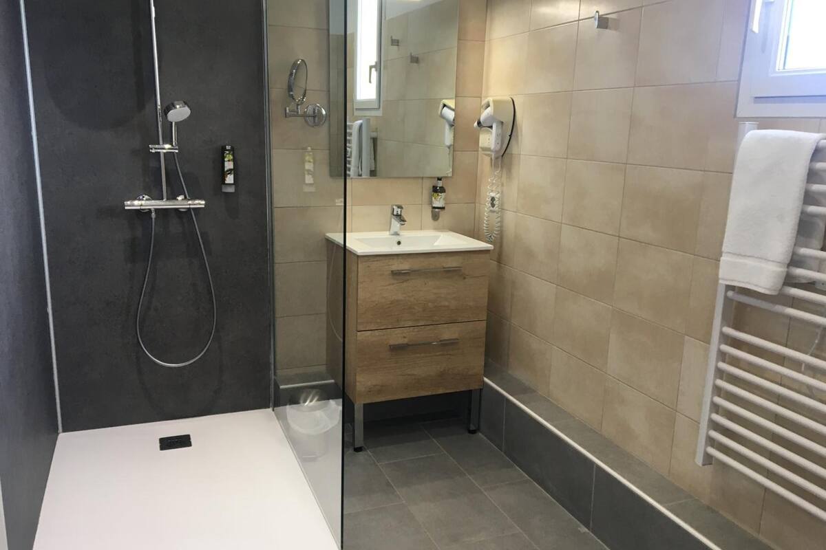 shower, free toiletries, hair dryer, towels