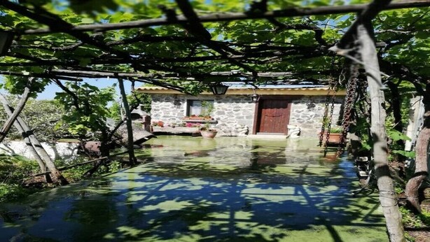 Um edifício rústico de pedra com porta de madeira, cercado por vegetação e um canal de água.