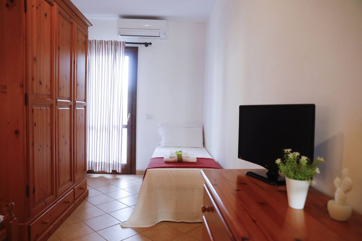 A room with a bed, a TV, a wooden wardrobe, a potted plant, and a small statue.