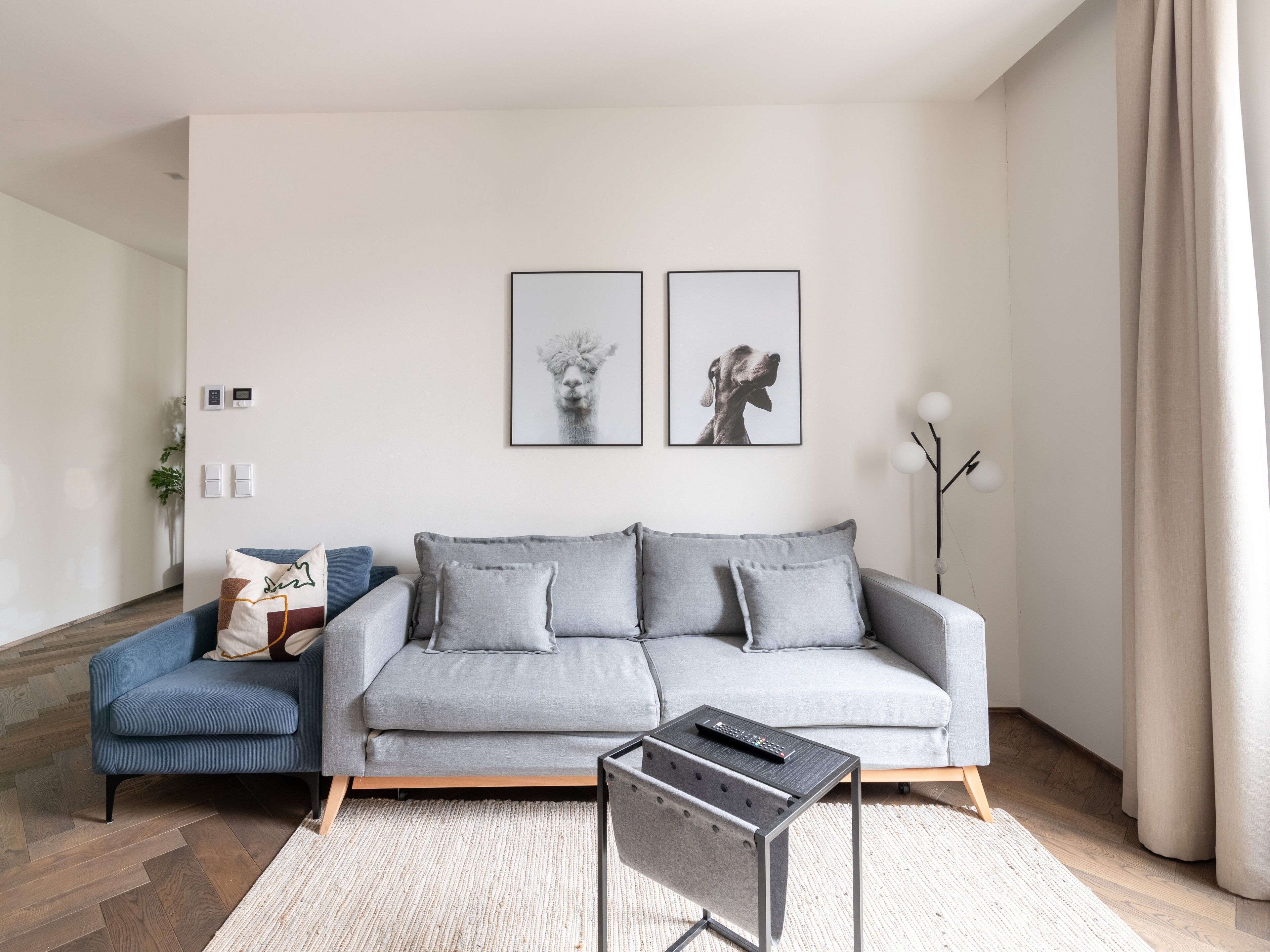 A modern living room with a grey sofa, a blue armchair, and a small table with a remote control. There are two framed pictures on the wall and a lamp on the right side.