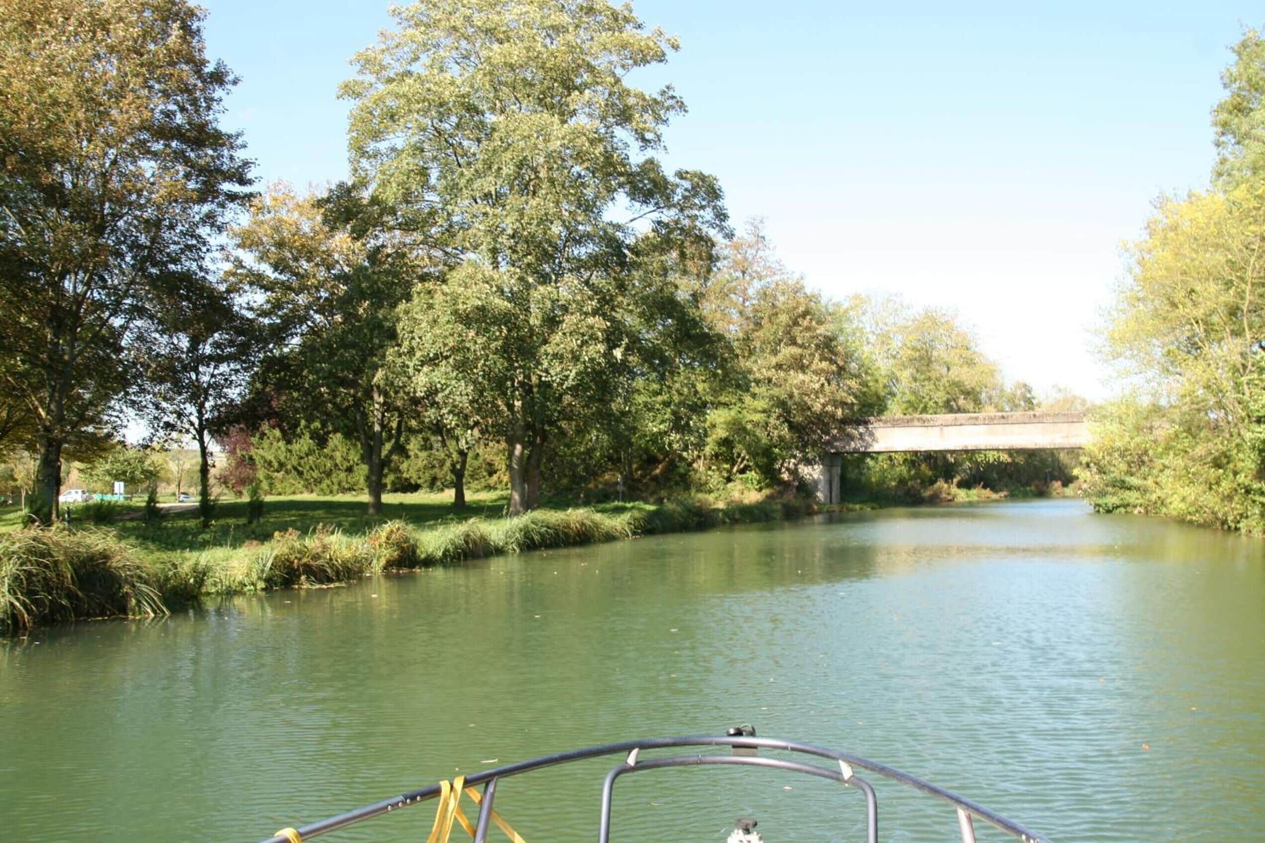 Une rivière avec un pont en arrière-plan et des arbres sur les rives.