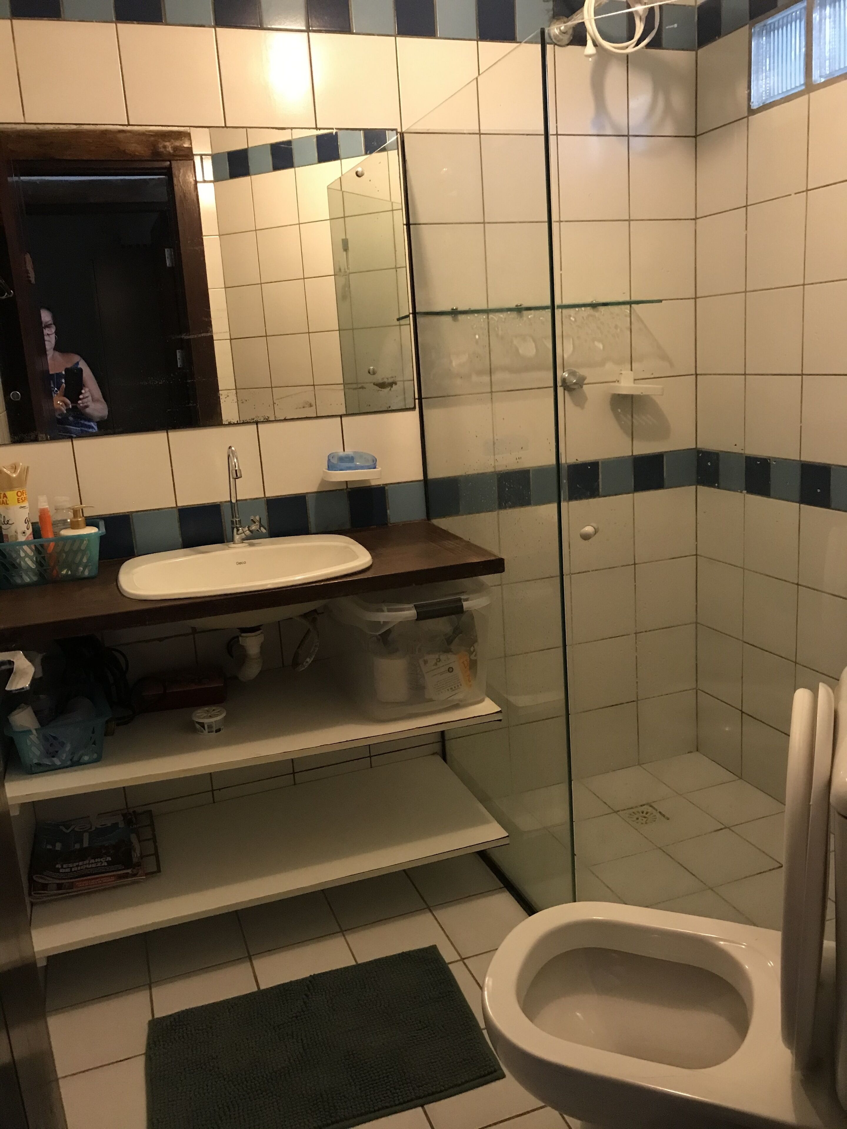 A bathroom with a sink, mirror, shower, and toilet.