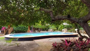 A swimming pool surrounded by a brick pathway and lush greenery. - House located 200 m from the beach, leisure area, restaurants, bars and shops (Mata de São João)