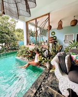 Indoor pool, outdoor pool, pool umbrellas, sun loungers