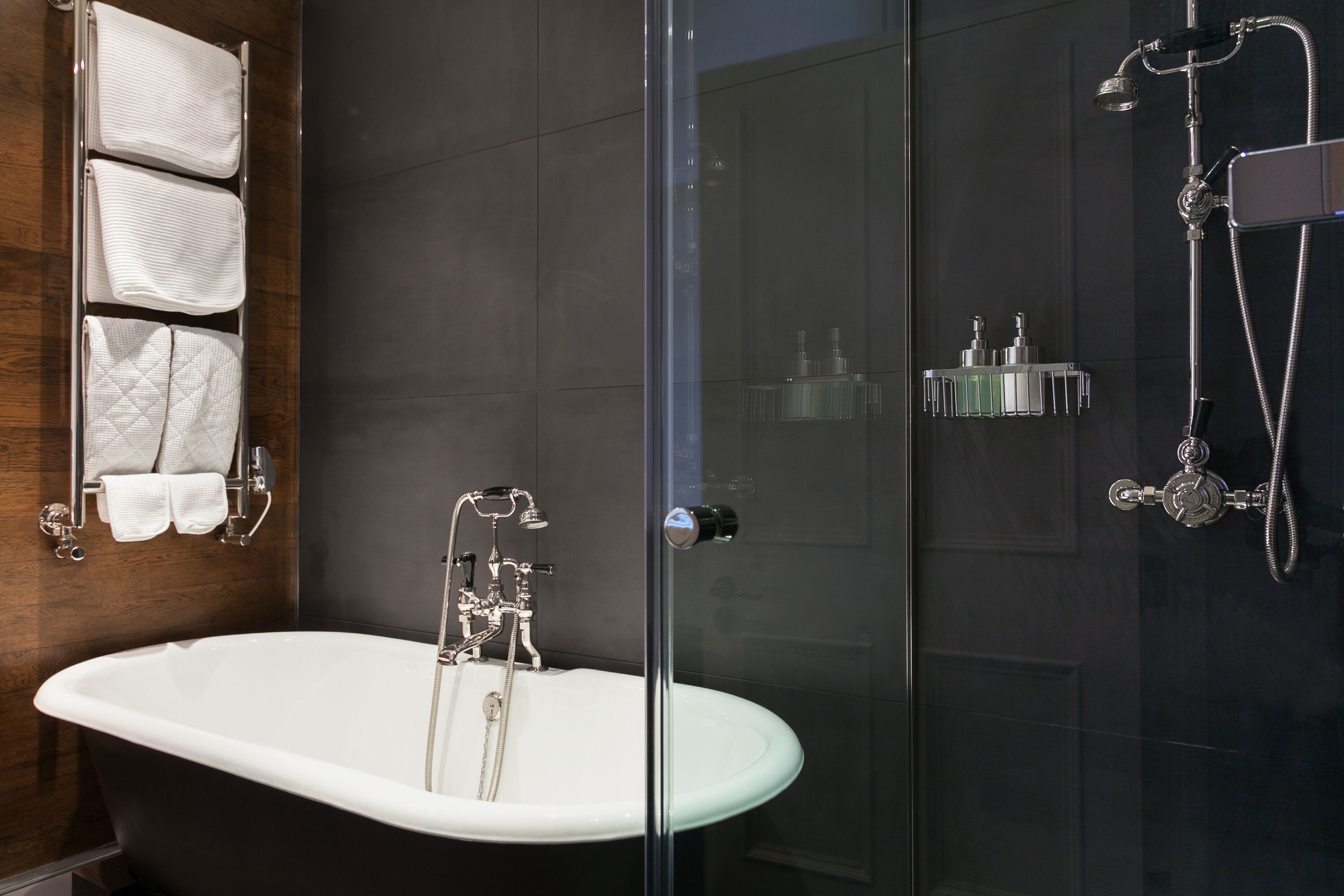 Combined shower/bathtub, free toiletries, hair dryer, towels