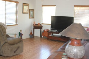 TV, fireplace, books, stereo