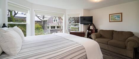 A bedroom with a bed, a television, a couch, and large windows.