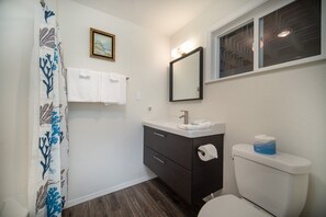 A bathroom with a shower curtain, a sink, a mirror, a toilet, and a framed picture on the wall. - Beach Home with Ocean and Lake Views and Easy Beach Access (Rockaway Beach)
