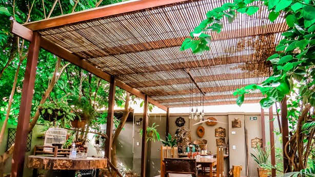 An indoor garden with a wooden table and chairs, surrounded by lush greenery and a bamboo roof structure.