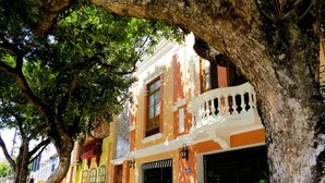 A street view with a building featuring a balcony, a sign indicating a public space, and a tree in the foreground.
