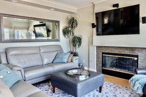 Smart TV, fireplace, books