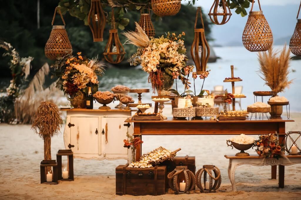 A beachside table set with various food items, decorative flowers, and rustic lanterns.