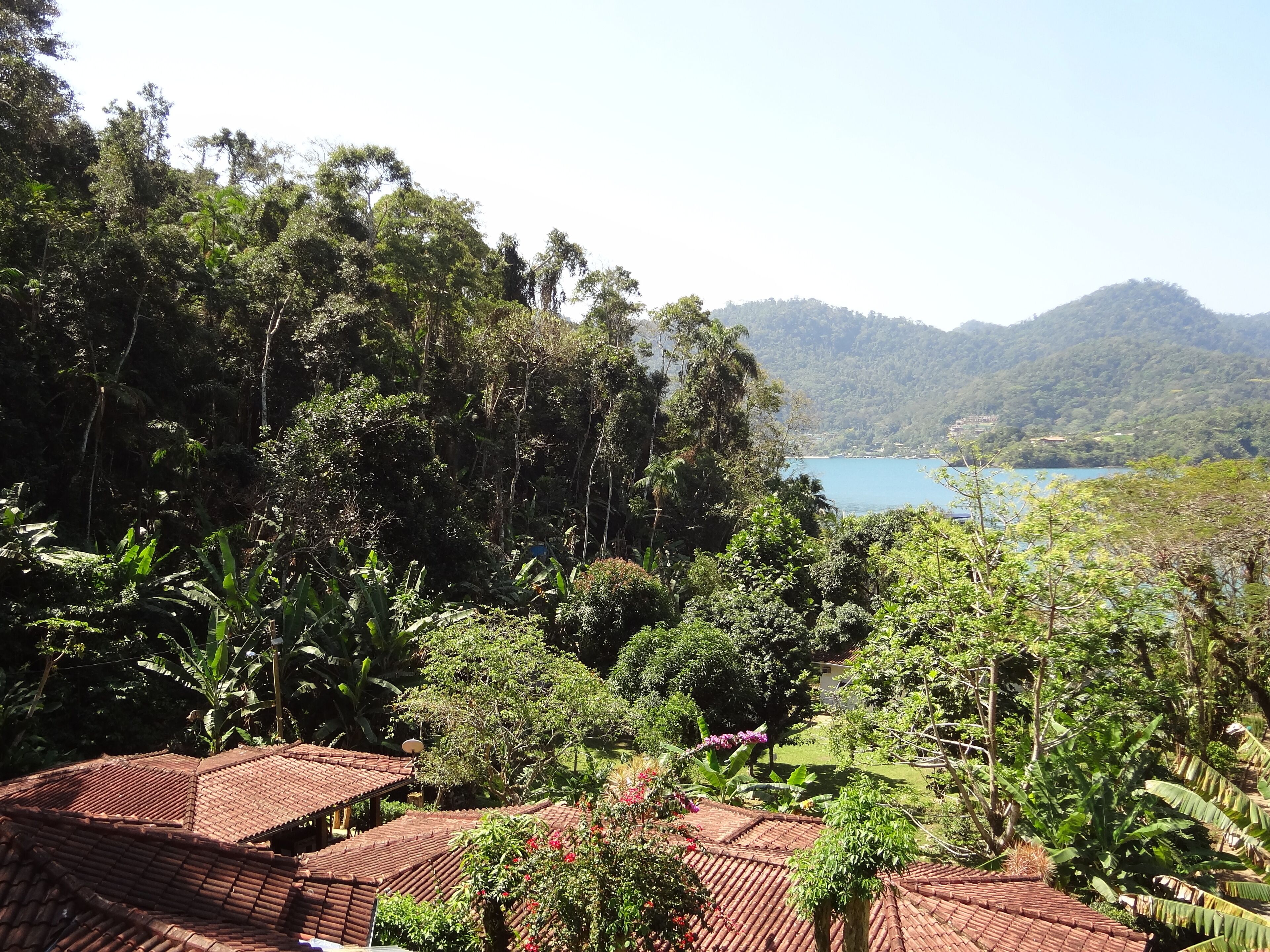 A view of a tropical resort with terracotta-roofed buildings surrounded by dense greenery and a lake in the background.