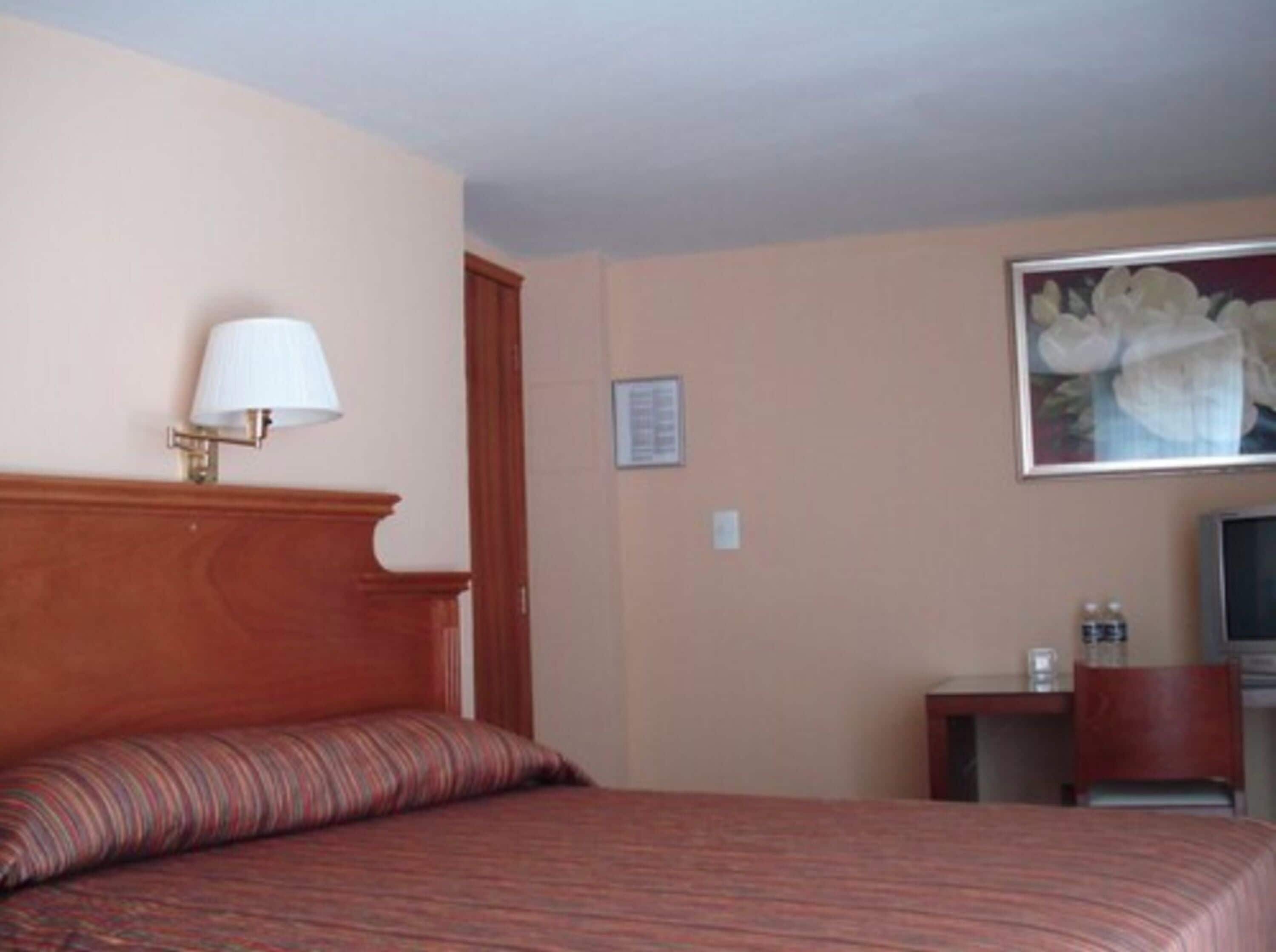 Una habitación de hotel con cama, lámpara, un cuadro, televisor y una mesita.