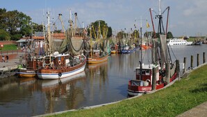 A marina with several fishing boats docked. - Holiday home in the heart of Greetsiel with whirlpool, sauna, fireplace and garden (Greetsiel)