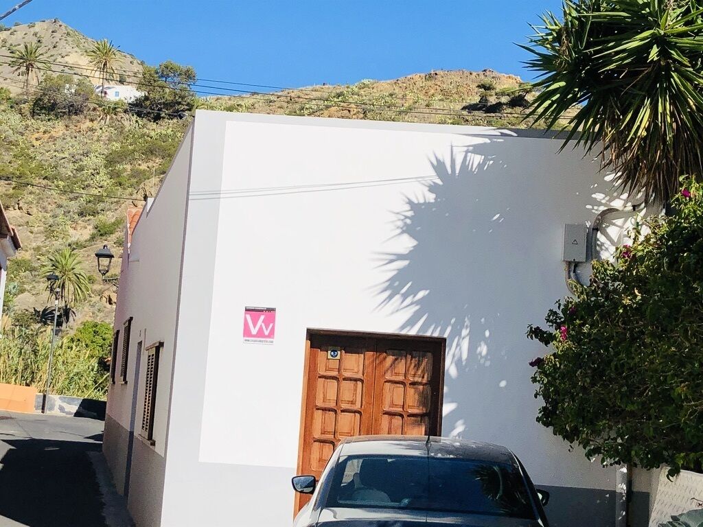A building with a white facade, a wooden door, and a shadow of a palm tree on the wall.