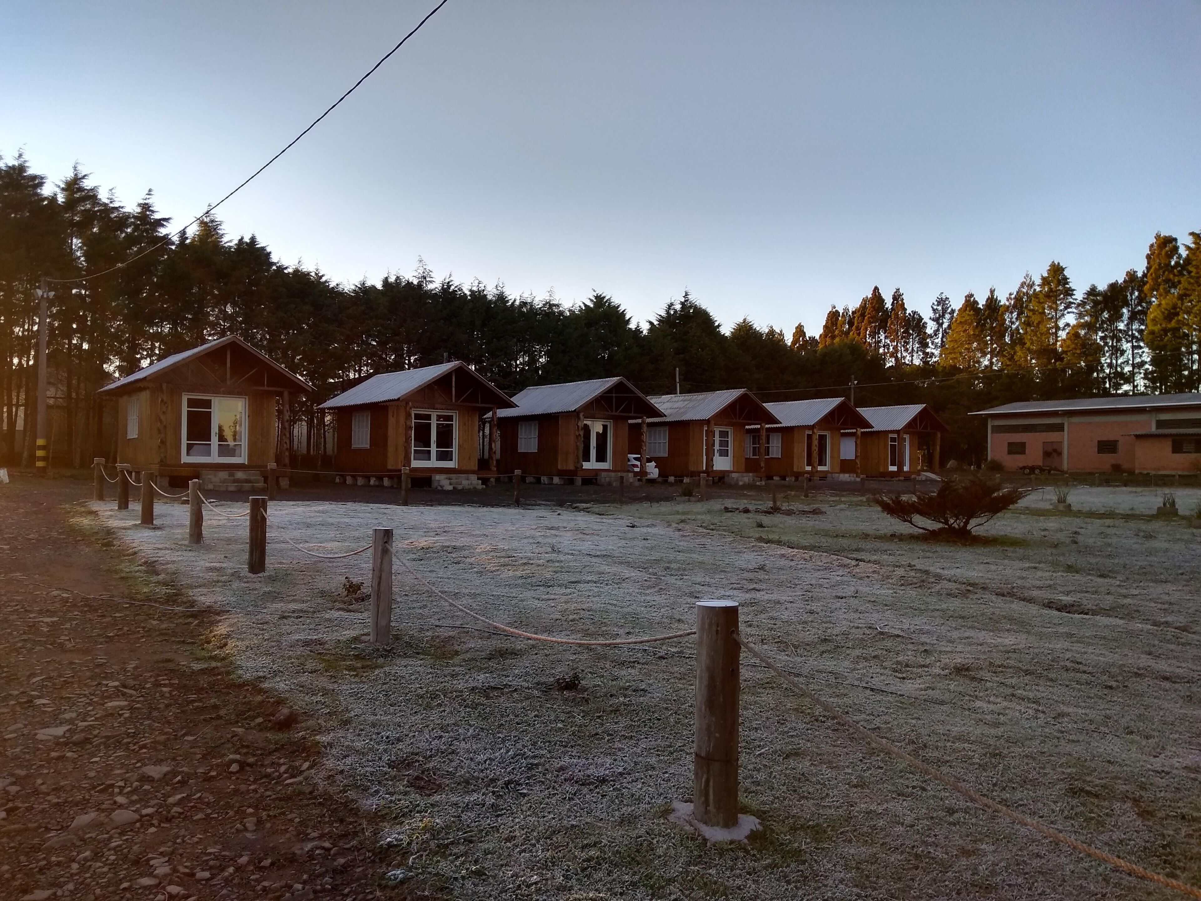 Une rangée de cabanes en bois, avec un chemin de gravier devant, entourée d’arbres.