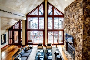 Flat-screen TV, fireplace