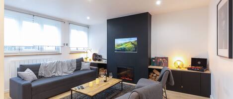 Télévision, cheminée, espaces bureaux