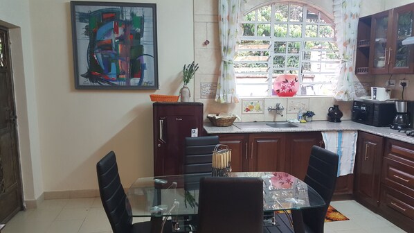 Fridge, microwave, coffee/tea maker, electric kettle