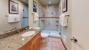 Shower, hair dryer, towels