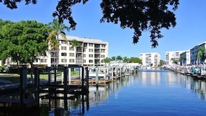 A waterfront hotel with a dock, palm trees, and a clear blue sky.