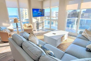 Smart TV, books, music library, stereo