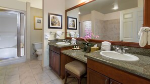 Hair dryer, towels, soap, shampoo