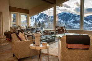 Smart TV, fireplace, books, stereo