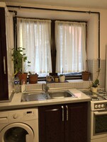 Una cocina con lavadora integrada, un lavamanos y una estufa. Hay plantas en macetas en el alféizar de la ventana y una ventana con cortinas traslúcidas.