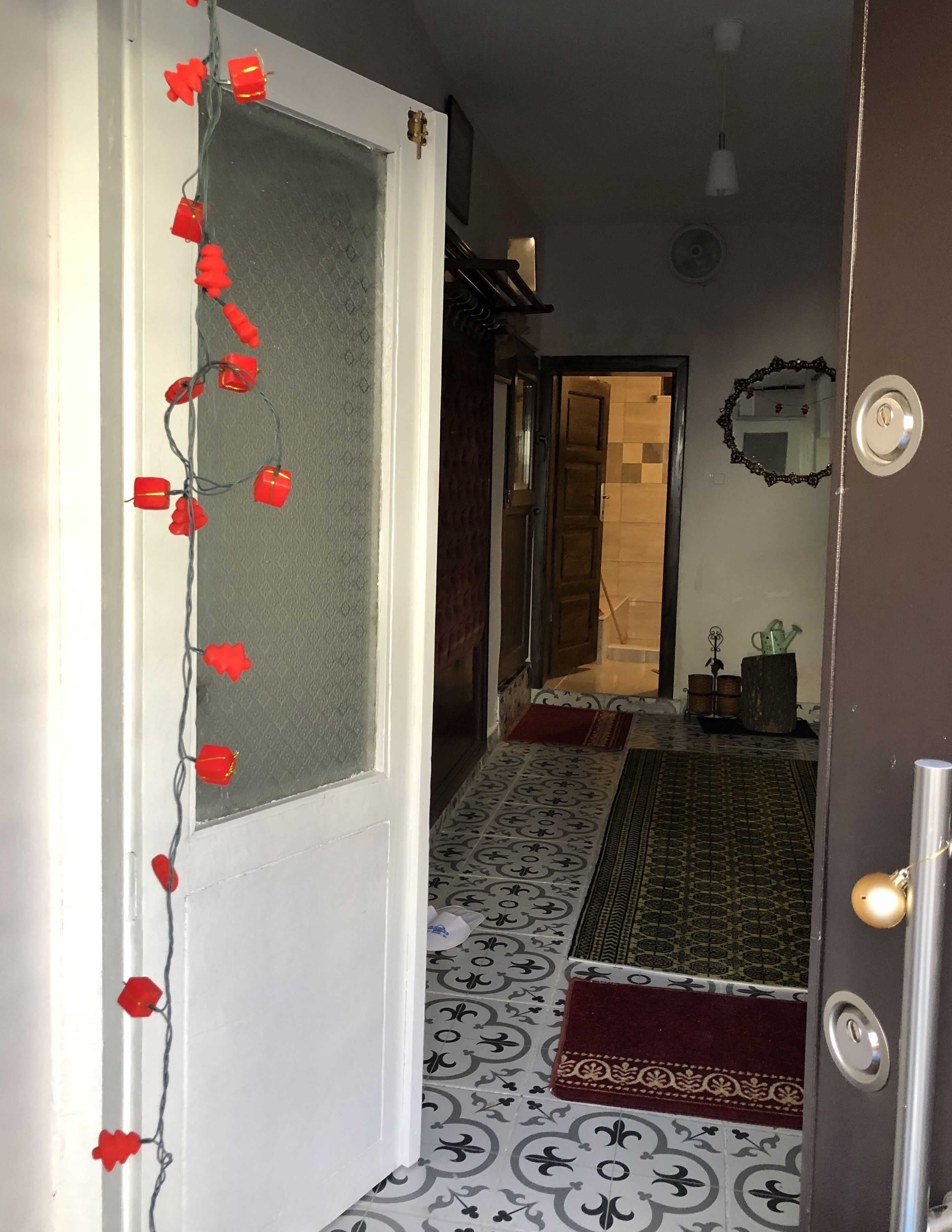 Un passadís amb un paviment amb dibuixos, una porta amb detalls vermells i un mirall a la paret.