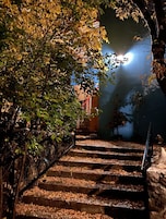 Una escalera con escalones de piedra y un árbol a la izquierda.