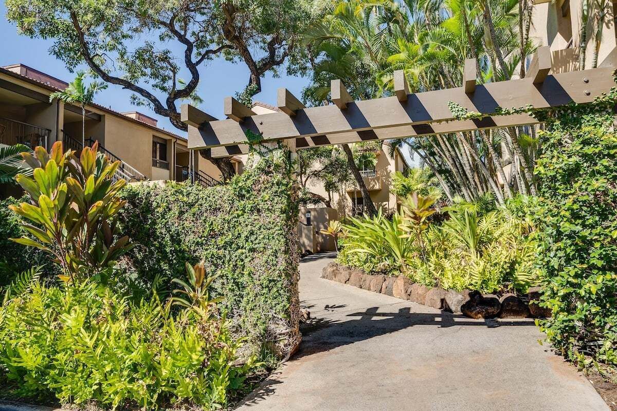 Un chemin menant à un bâtiment doté d’une entrée abritée, entouré d’une végétation luxuriante et de palmiers.