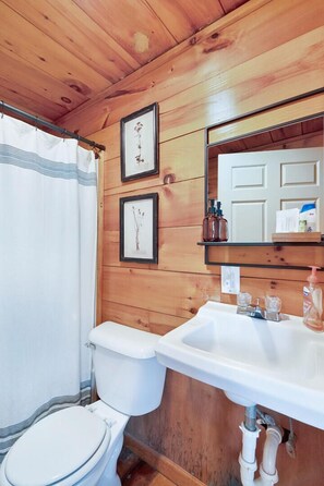 Combined shower/bathtub, towels, soap, shampoo