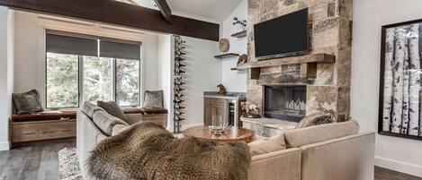 TV connectée, cheminée, lecteur de DVD, chaîne hi-fi