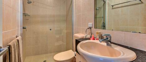 Ein Badezimmer mit Duschkabine, Toilette, Waschbecken und Spiegel.