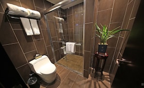 Shower, free toiletries, hair dryer, slippers