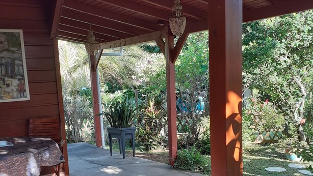 Un patio cubierto con una mesa y sillas, rodeado de plantas en macetas y un jardín.