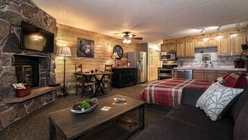 TV, fireplace, video games, foosball