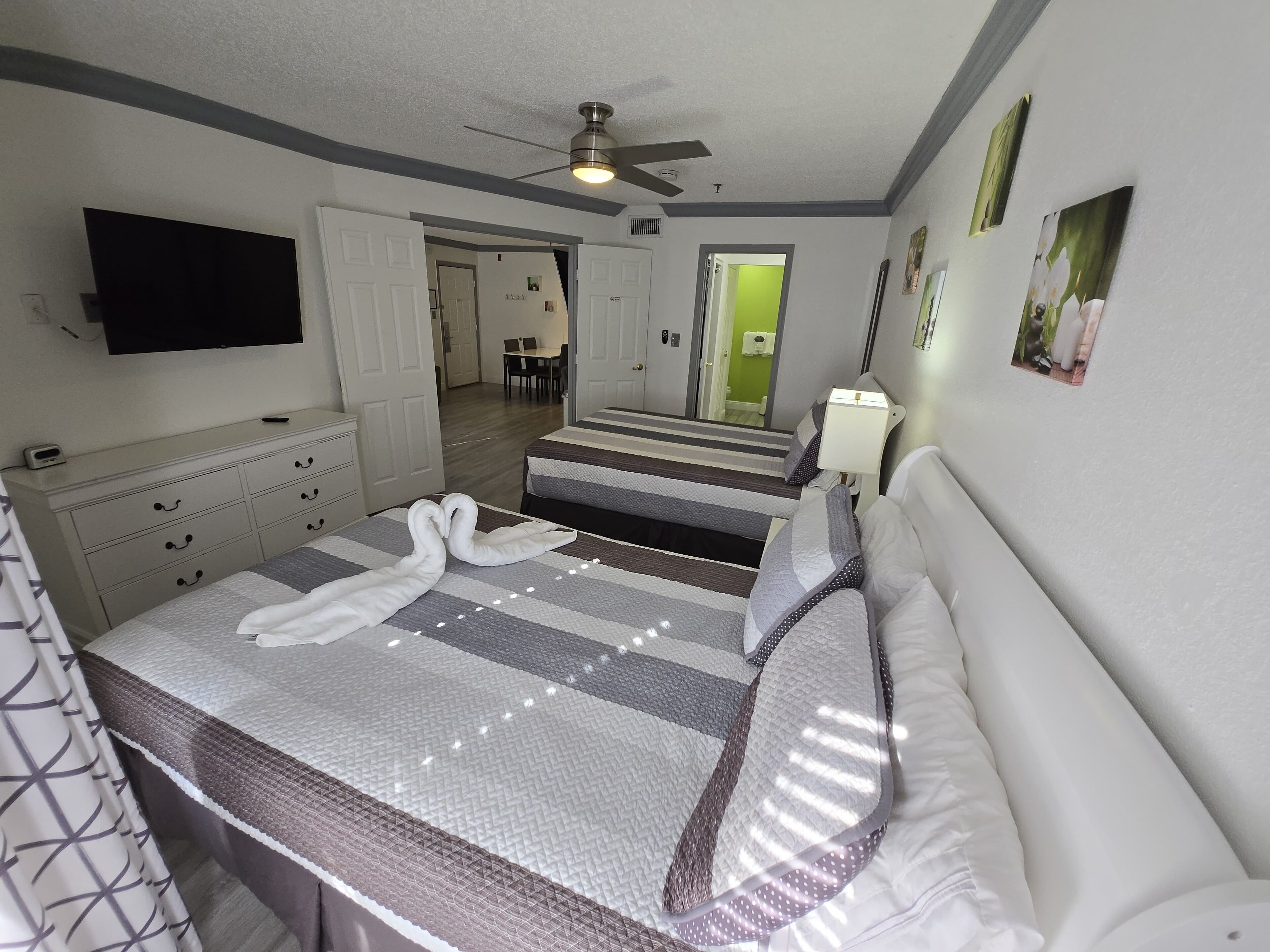 1 bedroom, desk, iron/ironing board, travel crib