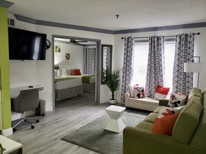 1 bedroom, desk, iron/ironing board, travel cot