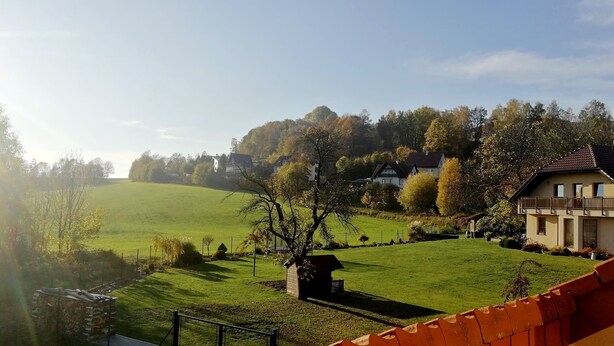 Un paysage rural avec une maison entourée d’un champ verdoyant et d’arbres.