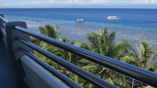 En balkon med udsigt over havet, palmer og en båd i det fjerne.