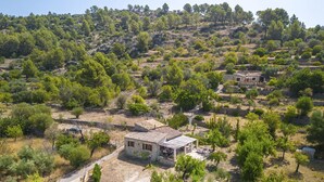 A rural house with a tiled roof, surrounded by trees and a dirt path.
