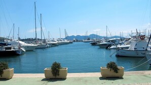Un port de plaisance où sont amarrés de nombreux bateaux, un ciel dégagé et des montagnes en arrière-plan.