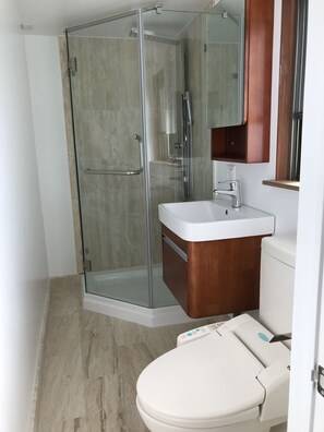 Amenidades de baño de diseñador, secadora de cabello, pantuflas, bidet
