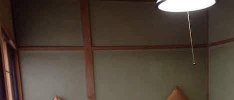 A room with two beds, each with a headboard and pillows, and a hanging light fixture.