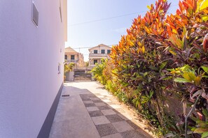 A narrow alleyway with a checkered pavement, flanked by a white wall and a hedge of colorful foliage.